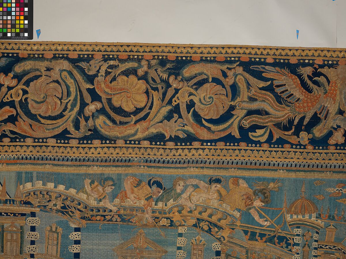 The Abduction of Helen from a set of The Story of Troy, Related to a woodcut by Bernard Salomon (French, ca. 1508–ca. 1561), Cotton, embroidered with silk and gilt-paper-wrapped thread, pigment, Chinese, Macao