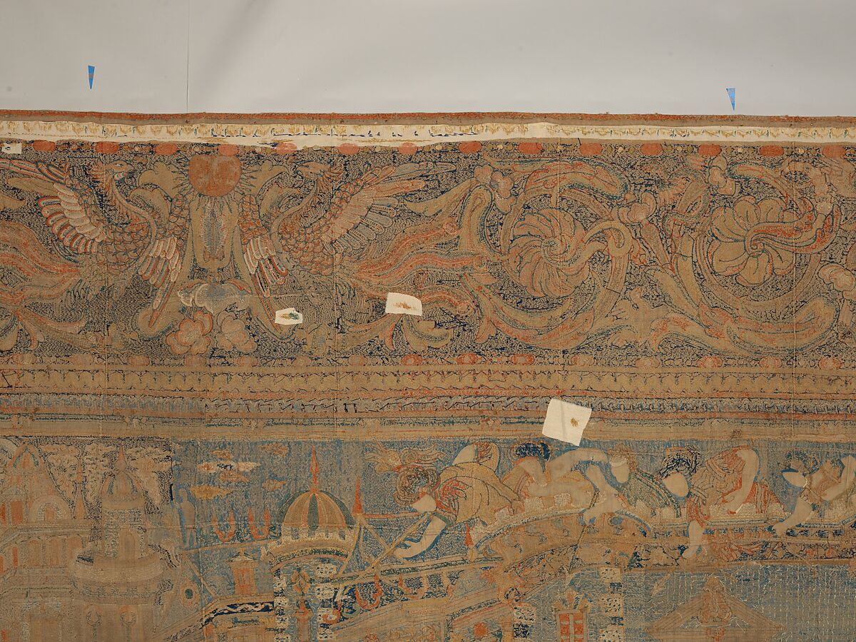 The Abduction of Helen from a set of The Story of Troy, Related to a woodcut by Bernard Salomon (French, ca. 1508–ca. 1561), Cotton, embroidered with silk and gilt-paper-wrapped thread, pigment, Chinese, Macao