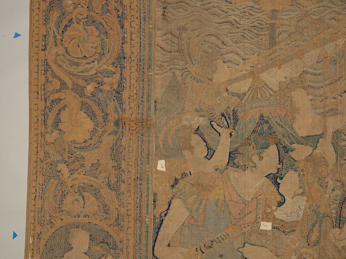 The Abduction of Helen from a set of The Story of Troy, Related to a woodcut by Bernard Salomon (French, ca. 1508–ca. 1561), Cotton, embroidered with silk and gilt-paper-wrapped thread, pigment, Chinese, Macao