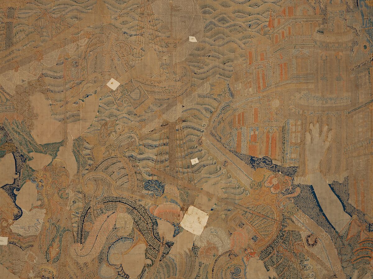 The Abduction of Helen from a set of The Story of Troy, Related to a woodcut by Bernard Salomon (French, ca. 1508–ca. 1561), Cotton, embroidered with silk and gilt-paper-wrapped thread, pigment, Chinese, Macao