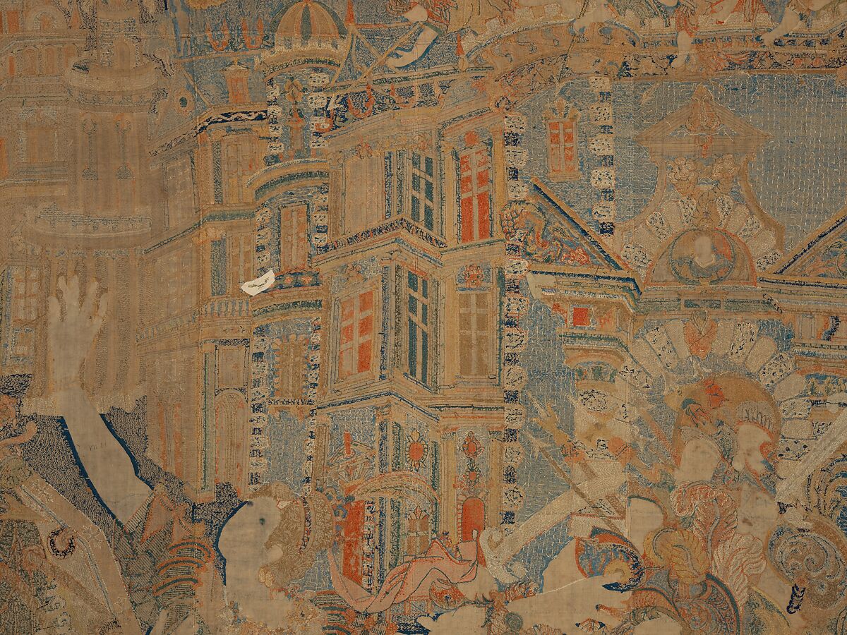 The Abduction of Helen from a set of The Story of Troy, Related to a woodcut by Bernard Salomon (French, ca. 1508–ca. 1561), Cotton, embroidered with silk and gilt-paper-wrapped thread, pigment, Chinese, Macao