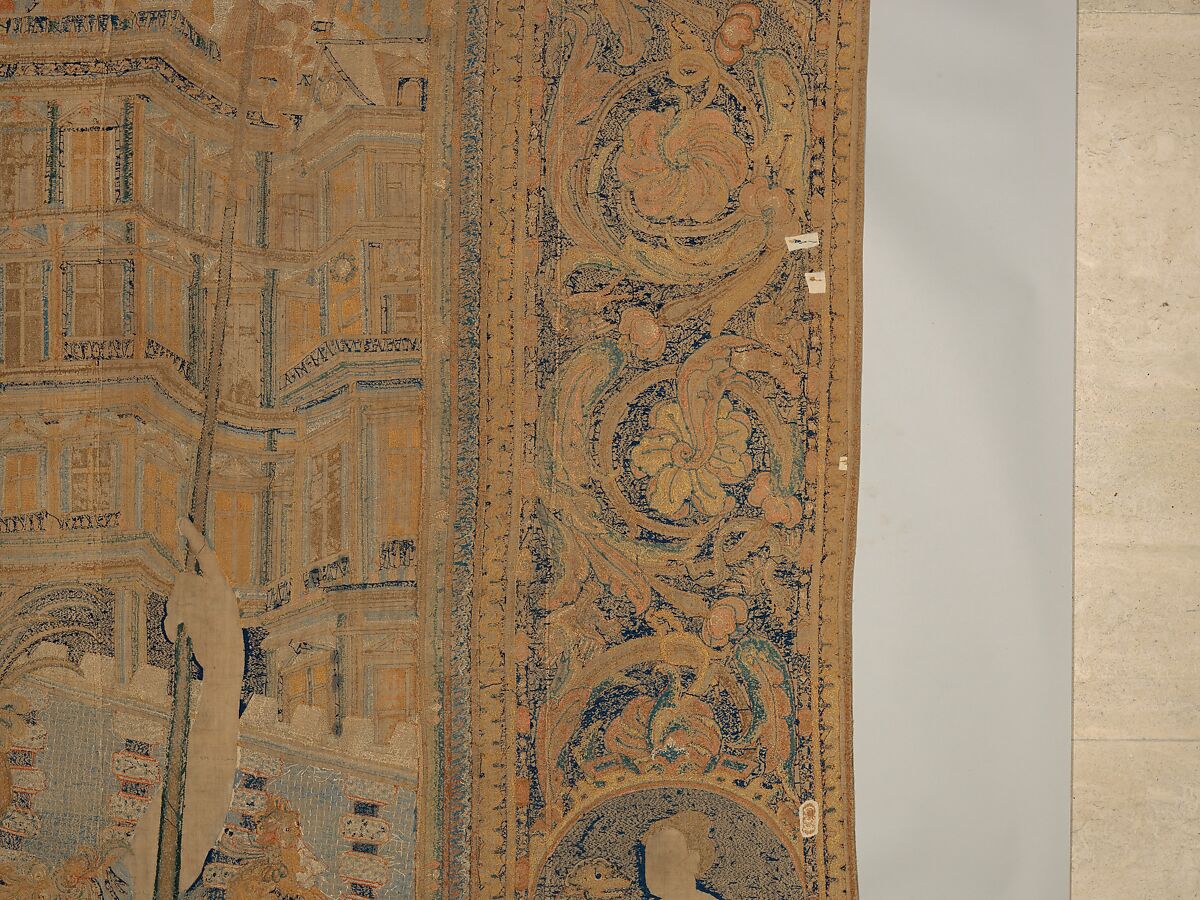 The Abduction of Helen from a set of The Story of Troy, Related to a woodcut by Bernard Salomon (French, ca. 1508–ca. 1561), Cotton, embroidered with silk and gilt-paper-wrapped thread, pigment, Chinese, Macao