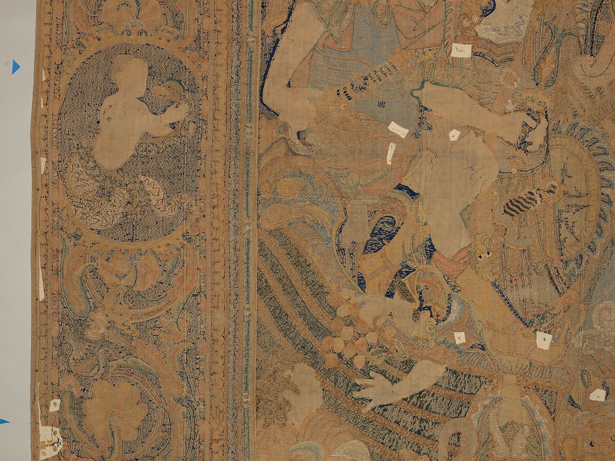 The Abduction of Helen from a set of The Story of Troy, Related to a woodcut by Bernard Salomon (French, ca. 1508–ca. 1561), Cotton, embroidered with silk and gilt-paper-wrapped thread, pigment, Chinese, Macao