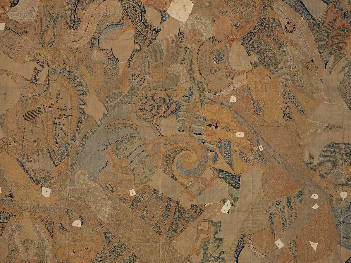 The Abduction of Helen from a set of The Story of Troy, Related to a woodcut by Bernard Salomon (French, ca. 1508–ca. 1561), Cotton, embroidered with silk and gilt-paper-wrapped thread, pigment, Chinese, Macao