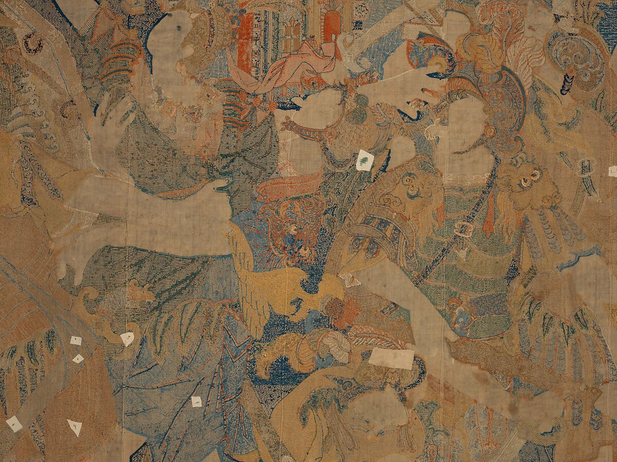 The Abduction of Helen from a set of The Story of Troy, Related to a woodcut by Bernard Salomon (French, ca. 1508–ca. 1561), Cotton, embroidered with silk and gilt-paper-wrapped thread, pigment, Chinese, Macao