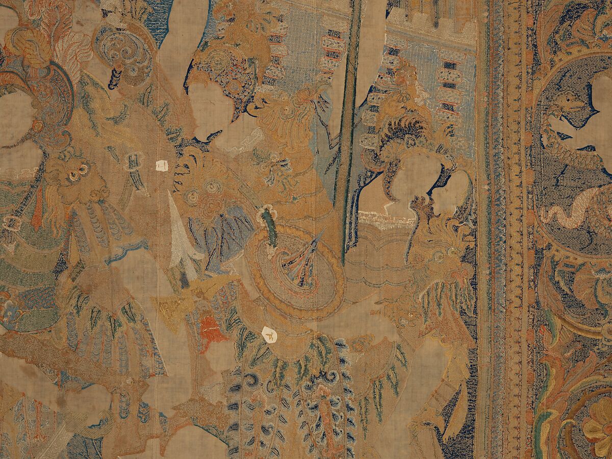 The Abduction of Helen from a set of The Story of Troy, Related to a woodcut by Bernard Salomon (French, ca. 1508–ca. 1561), Cotton, embroidered with silk and gilt-paper-wrapped thread, pigment, Chinese, Macao