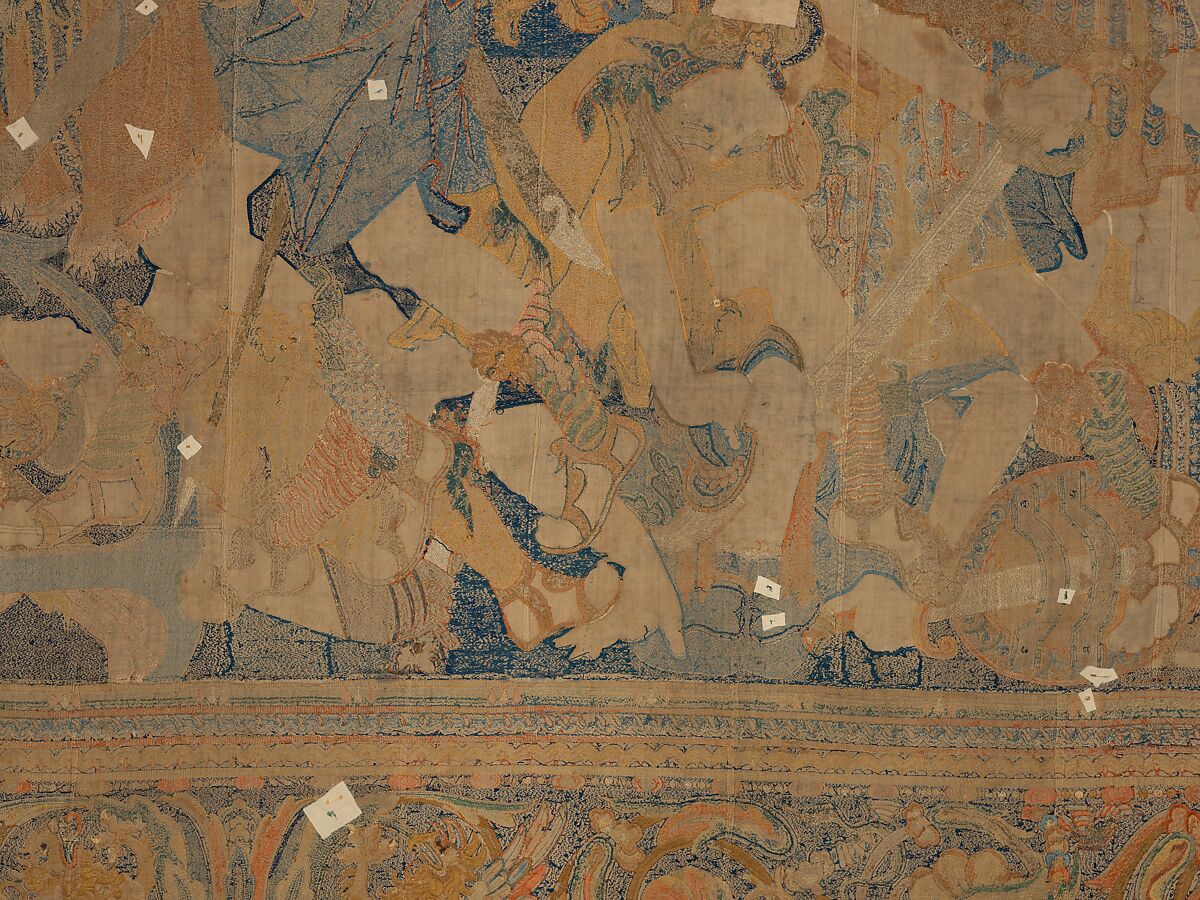 The Abduction of Helen from a set of The Story of Troy, Related to a woodcut by Bernard Salomon (French, ca. 1508–ca. 1561), Cotton, embroidered with silk and gilt-paper-wrapped thread, pigment, Chinese, Macao