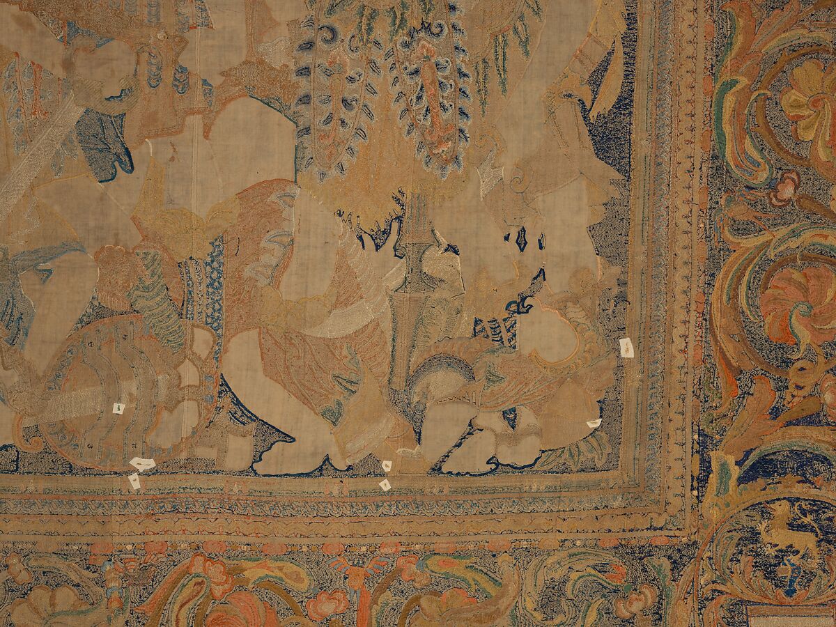 The Abduction of Helen from a set of The Story of Troy, Related to a woodcut by Bernard Salomon (French, ca. 1508–ca. 1561), Cotton, embroidered with silk and gilt-paper-wrapped thread, pigment, Chinese, Macao