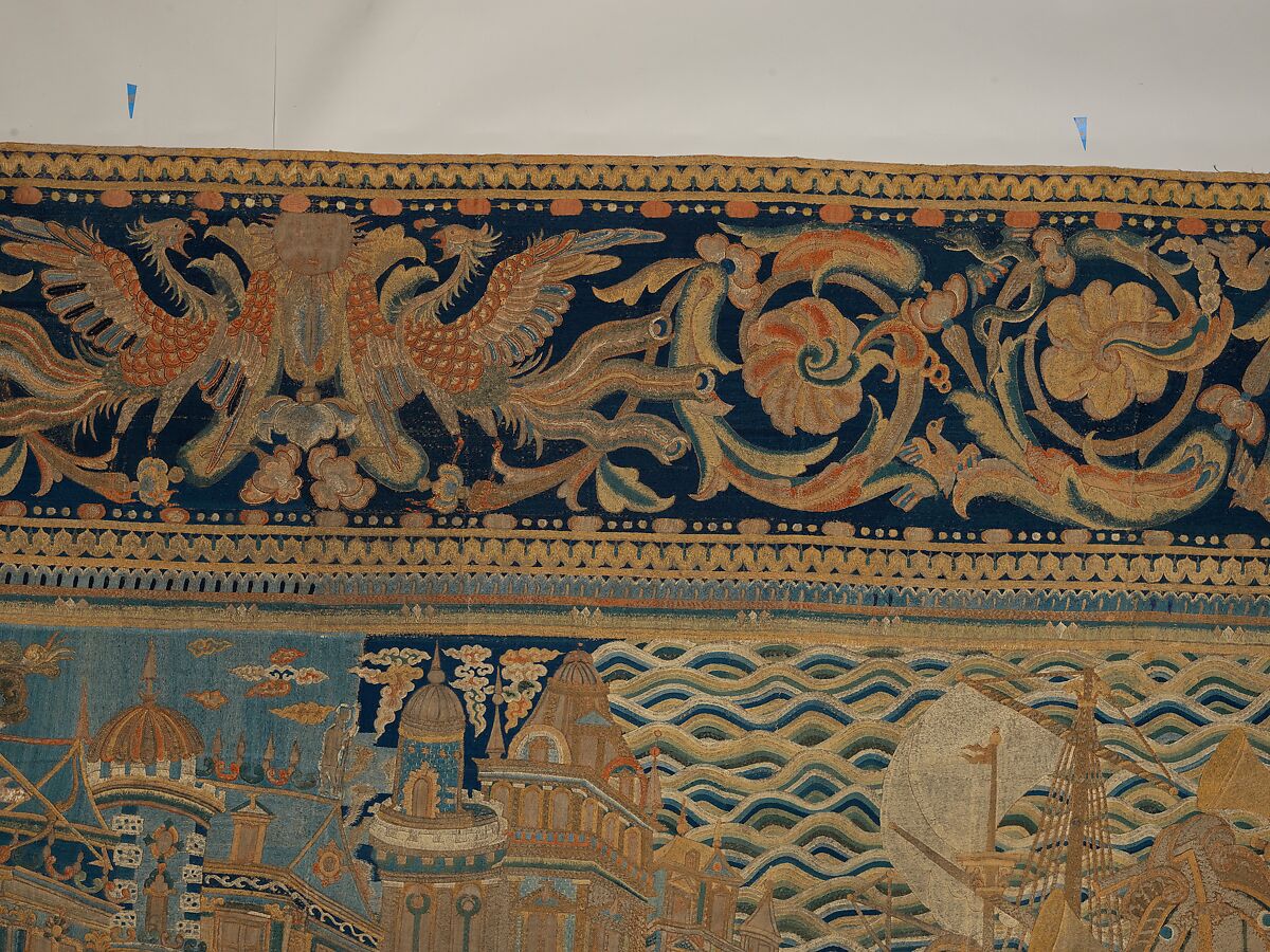 The Abduction of Helen from a set of The Story of Troy, Related to a woodcut by Bernard Salomon (French, ca. 1508–ca. 1561), Cotton, embroidered with silk and gilt-paper-wrapped thread, pigment, Chinese, Macao