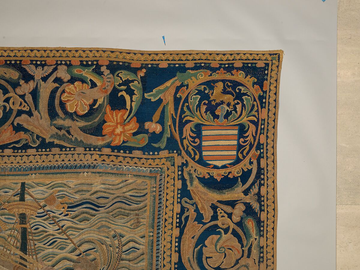 The Abduction of Helen from a set of The Story of Troy, Related to a woodcut by Bernard Salomon (French, ca. 1508–ca. 1561), Cotton, embroidered with silk and gilt-paper-wrapped thread, pigment, Chinese, Macao