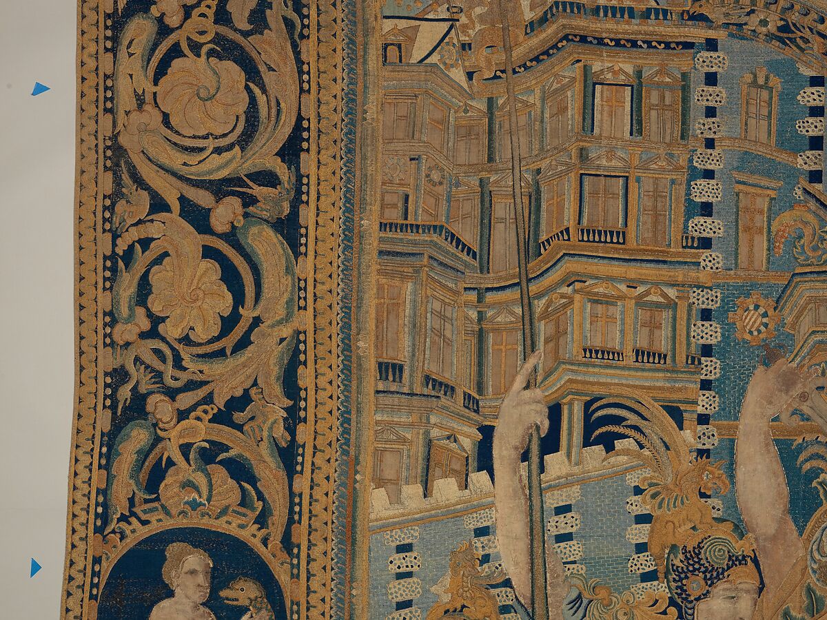 The Abduction of Helen from a set of The Story of Troy, Related to a woodcut by Bernard Salomon (French, ca. 1508–ca. 1561), Cotton, embroidered with silk and gilt-paper-wrapped thread, pigment, Chinese, Macao