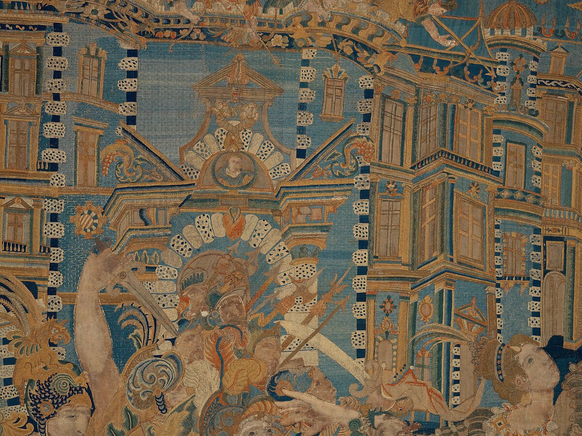The Abduction of Helen from a set of The Story of Troy, Related to a woodcut by Bernard Salomon (French, ca. 1508–ca. 1561), Cotton, embroidered with silk and gilt-paper-wrapped thread, pigment, Chinese, Macao