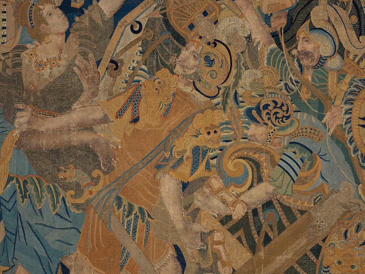 The Abduction of Helen from a set of The Story of Troy, Related to a woodcut by Bernard Salomon (French, ca. 1508–ca. 1561), Cotton, embroidered with silk and gilt-paper-wrapped thread, pigment, Chinese, Macao