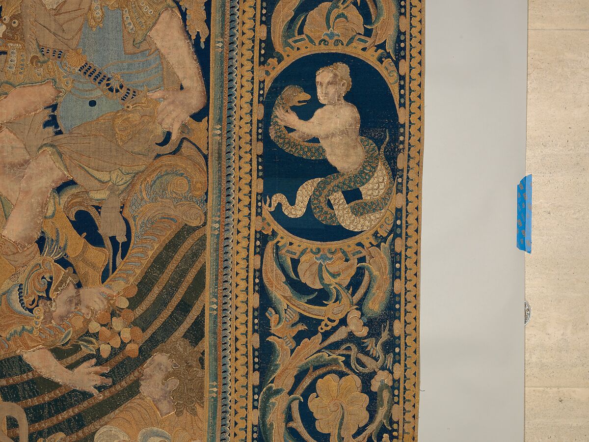 The Abduction of Helen from a set of The Story of Troy, Related to a woodcut by Bernard Salomon (French, ca. 1508–ca. 1561), Cotton, embroidered with silk and gilt-paper-wrapped thread, pigment, Chinese, Macao