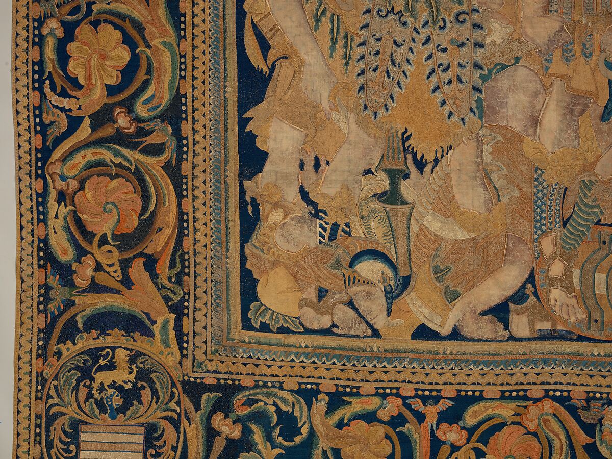 The Abduction of Helen from a set of The Story of Troy, Related to a woodcut by Bernard Salomon (French, ca. 1508–ca. 1561), Cotton, embroidered with silk and gilt-paper-wrapped thread, pigment, Chinese, Macao