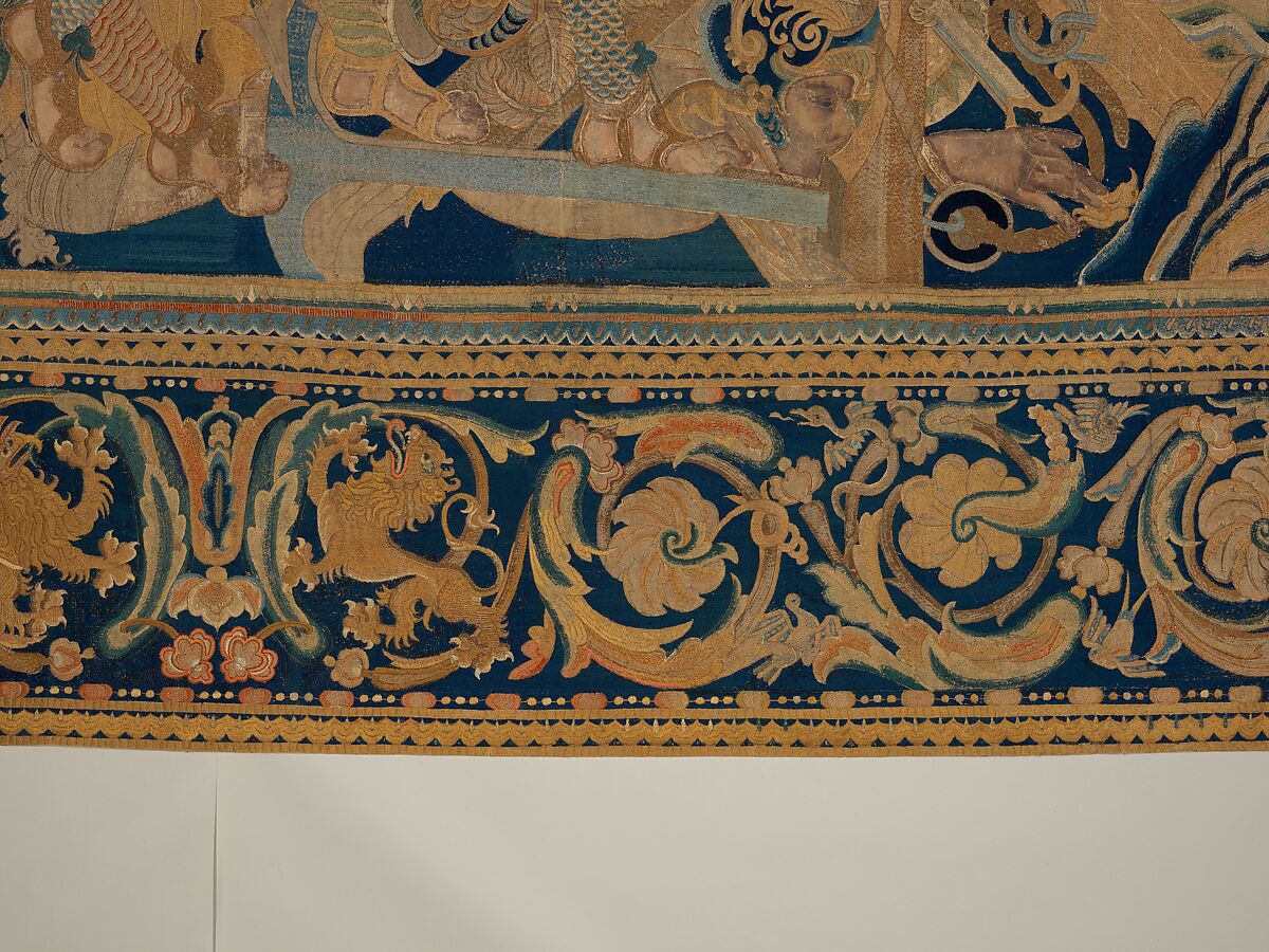 The Abduction of Helen from a set of The Story of Troy, Related to a woodcut by Bernard Salomon (French, ca. 1508–ca. 1561), Cotton, embroidered with silk and gilt-paper-wrapped thread, pigment, Chinese, Macao