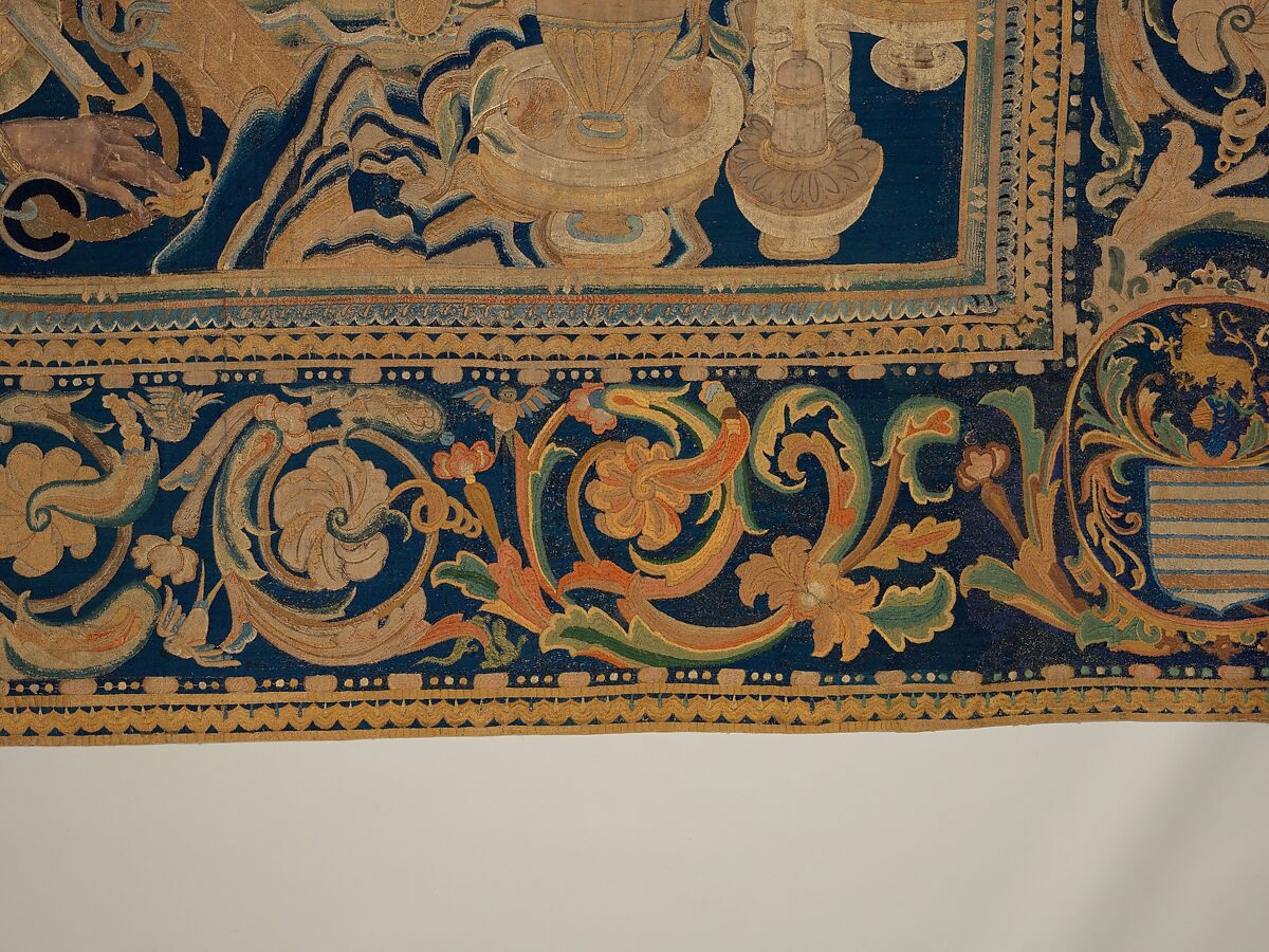 The Abduction of Helen from a set of The Story of Troy, Related to a woodcut by Bernard Salomon (French, ca. 1508–ca. 1561), Cotton, embroidered with silk and gilt-paper-wrapped thread, pigment, Chinese, Macao