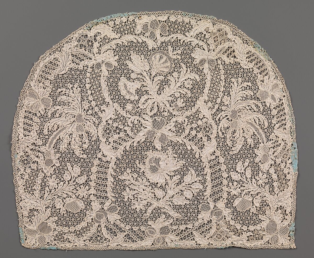 Cap crown, Needle lace, point d’Alençon, linen, French