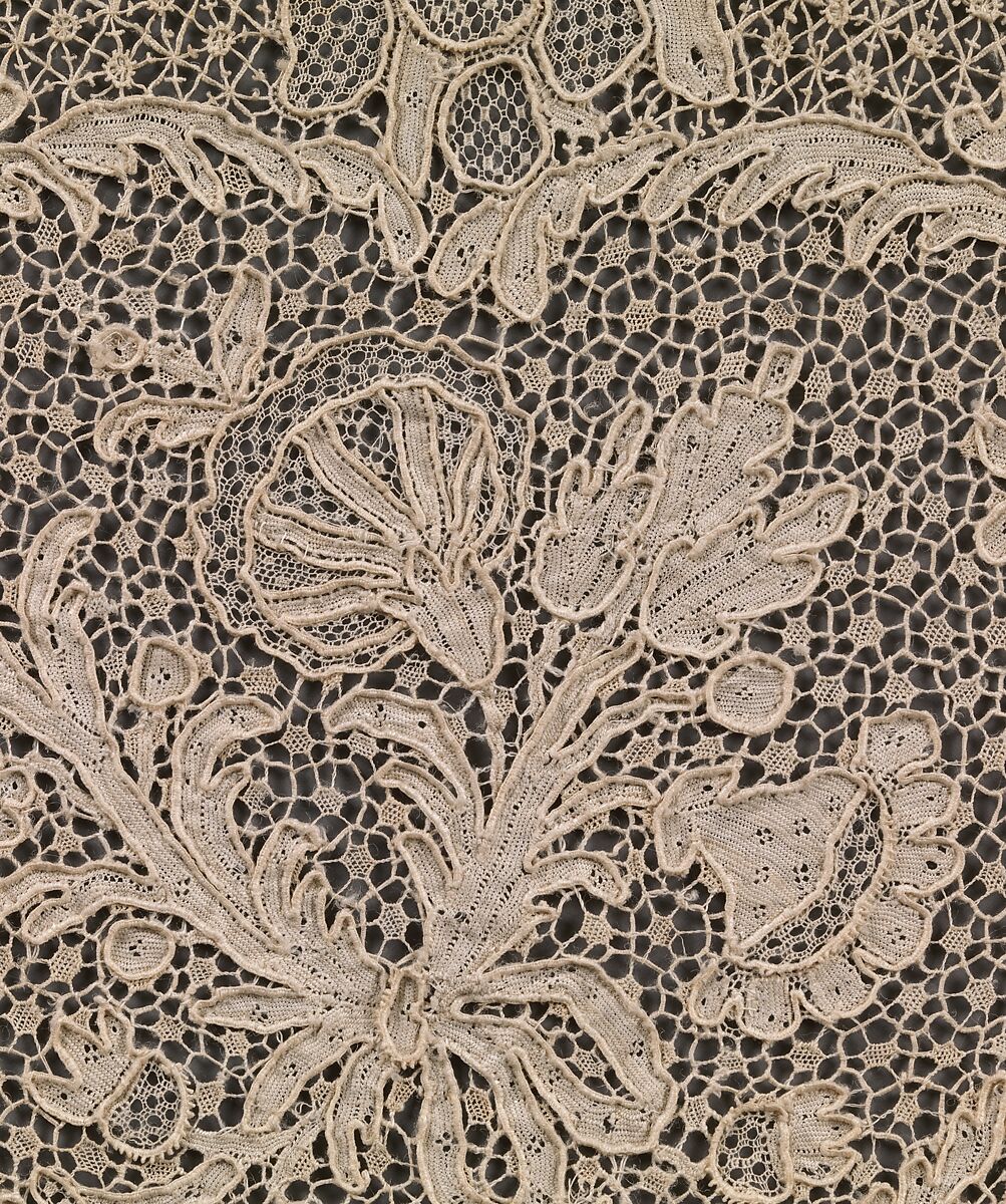 Cap crown, Needle lace, point d’Alençon, linen, French