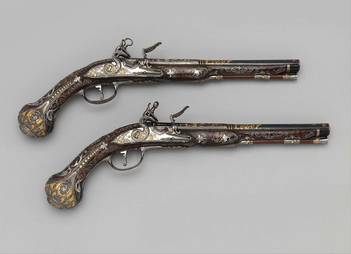 Pair of Flintlock Pistols Made for Ferdinand IV, King of Naples and Sicily (1751–1825), Royal Arms Manufactory at Torre Annunziata (Italian, Naples, established 1757), Steel, gold, wood (walnut), silver, Italo-Spanish, Naples