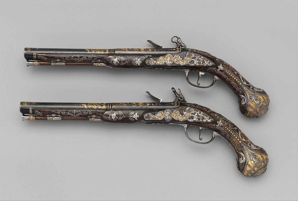 Pair of Flintlock Pistols Made for Ferdinand IV, King of Naples and Sicily (1751–1825), Royal Arms Manufactory at Torre Annunziata (Italian, Naples, established 1757), Steel, gold, wood (walnut), silver, Italo-Spanish, Naples