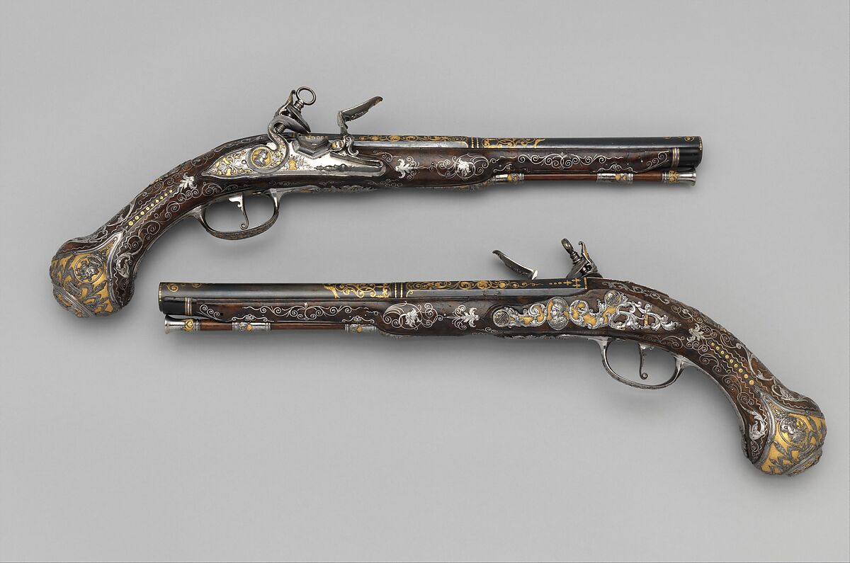 Pair of Flintlock Pistols Made for Ferdinand IV, King of Naples and Sicily (1751–1825), Royal Arms Manufactory at Torre Annunziata (Italian, Naples, established 1757), Steel, gold, wood (walnut), silver, Italo-Spanish, Naples 