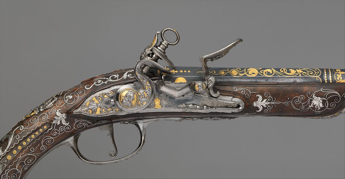 Pair of Flintlock Pistols Made for Ferdinand IV, King of Naples and Sicily (1751–1825), Royal Arms Manufactory at Torre Annunziata (Italian, Naples, established 1757), Steel, gold, wood (walnut), silver, Italo-Spanish, Naples