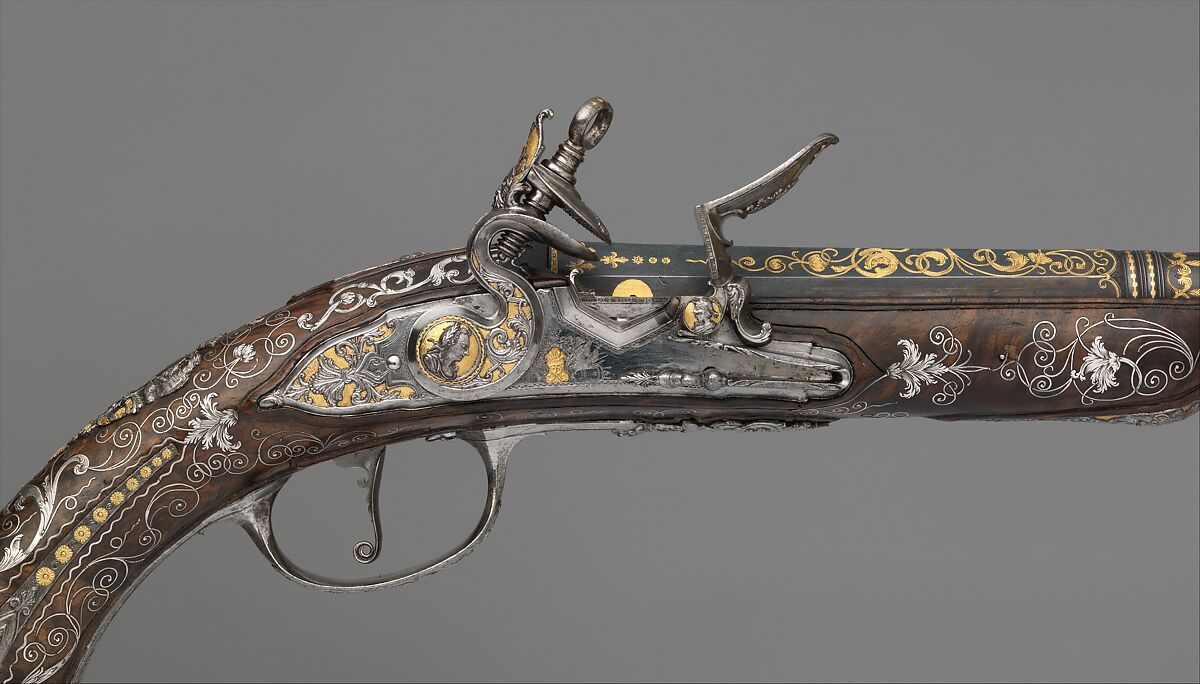 Pair of Flintlock Pistols Made for Ferdinand IV, King of Naples and Sicily (1751–1825), Royal Arms Manufactory at Torre Annunziata (Italian, Naples, established 1757), Steel, gold, wood (walnut), silver, Italo-Spanish, Naples