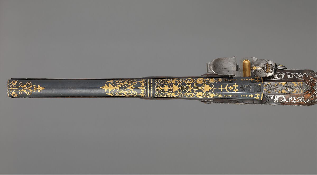Pair of Flintlock Pistols Made for Ferdinand IV, King of Naples and Sicily (1751–1825), Royal Arms Manufactory at Torre Annunziata (Italian, Naples, established 1757), Steel, gold, wood (walnut), silver, Italo-Spanish, Naples