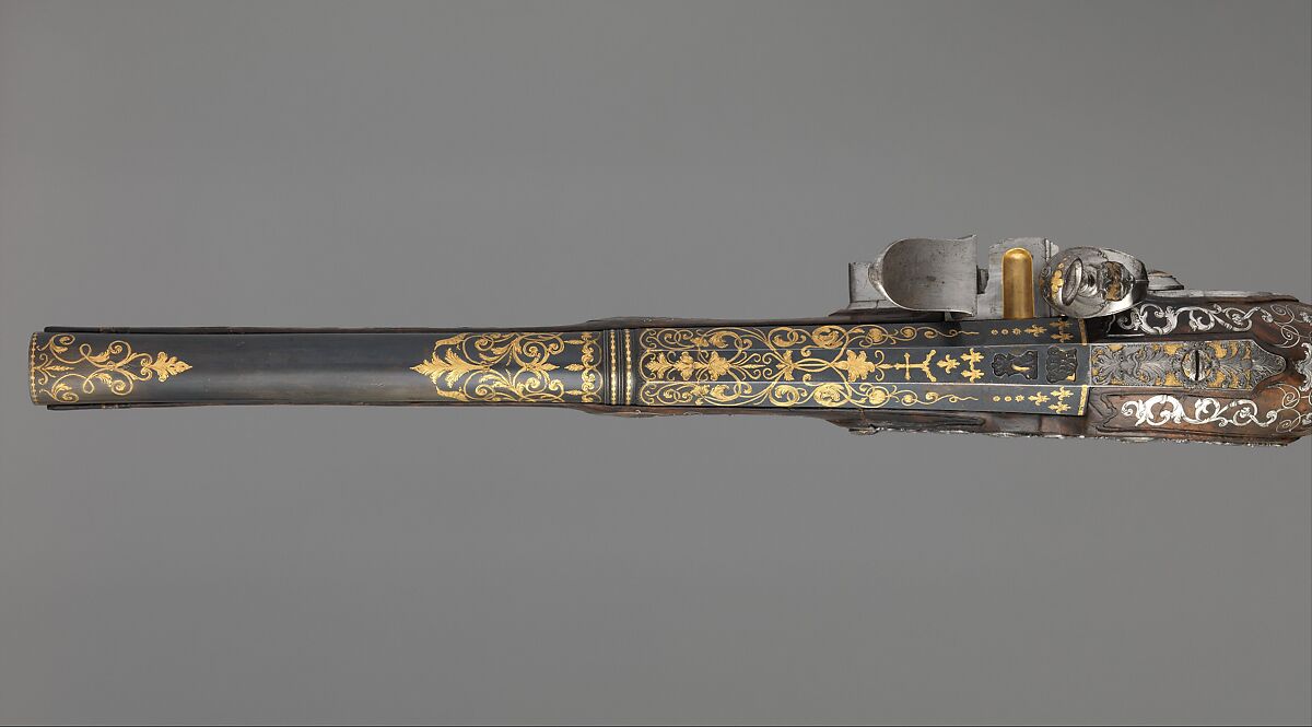 Pair of Flintlock Pistols Made for Ferdinand IV, King of Naples and Sicily (1751–1825), Royal Arms Manufactory at Torre Annunziata (Italian, Naples, established 1757), Steel, gold, wood (walnut), silver, Italo-Spanish, Naples
