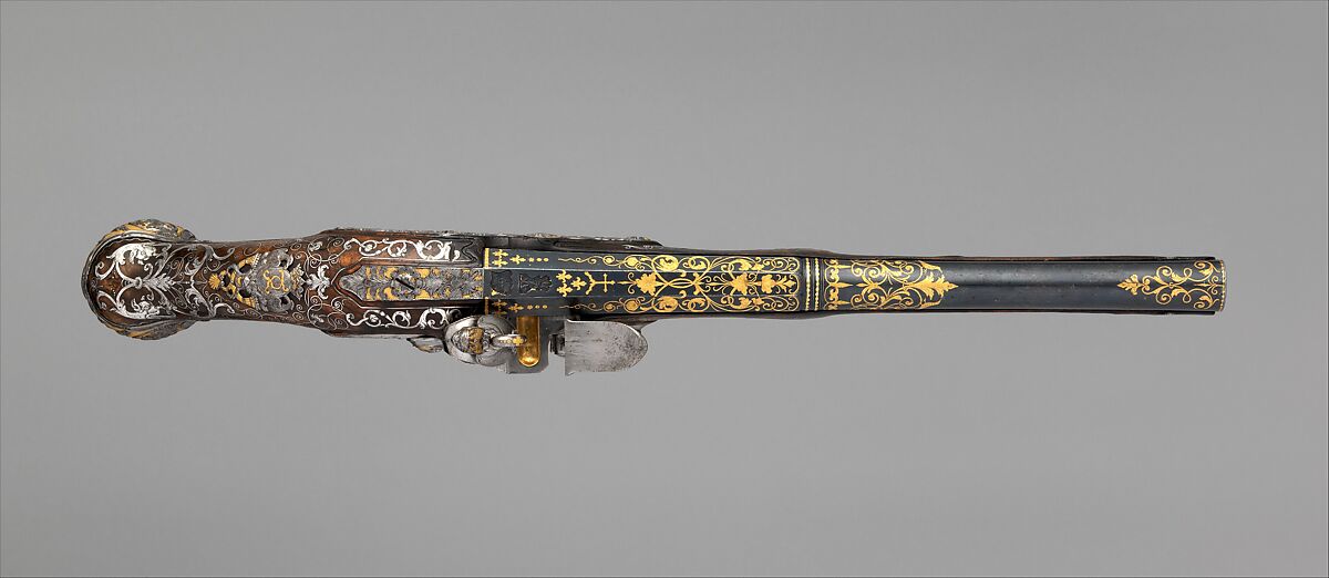 Pair of Flintlock Pistols Made for Ferdinand IV, King of Naples and Sicily (1751–1825), Royal Arms Manufactory at Torre Annunziata (Italian, Naples, established 1757), Steel, gold, wood (walnut), silver, Italo-Spanish, Naples