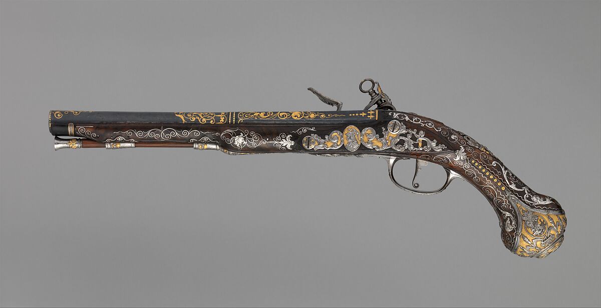 Pair of Flintlock Pistols Made for Ferdinand IV, King of Naples and Sicily (1751–1825), Royal Arms Manufactory at Torre Annunziata (Italian, Naples, established 1757), Steel, gold, wood (walnut), silver, Italo-Spanish, Naples