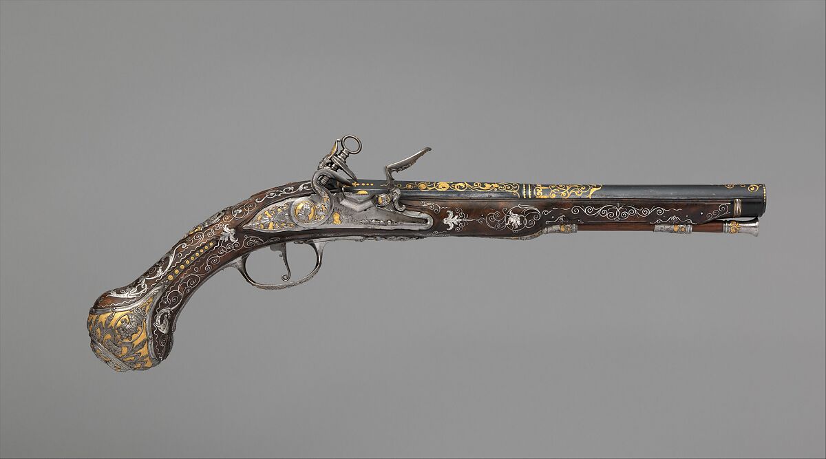 Pair of Flintlock Pistols Made for Ferdinand IV, King of Naples and Sicily (1751–1825), Royal Arms Manufactory at Torre Annunziata (Italian, Naples, established 1757), Steel, gold, wood (walnut), silver, Italo-Spanish, Naples