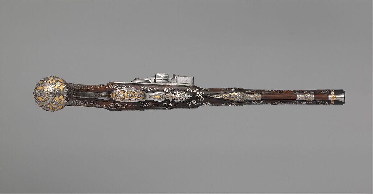 Pair of Flintlock Pistols Made for Ferdinand IV, King of Naples and Sicily (1751–1825), Royal Arms Manufactory at Torre Annunziata (Italian, Naples, established 1757), Steel, gold, wood (walnut), silver, Italo-Spanish, Naples