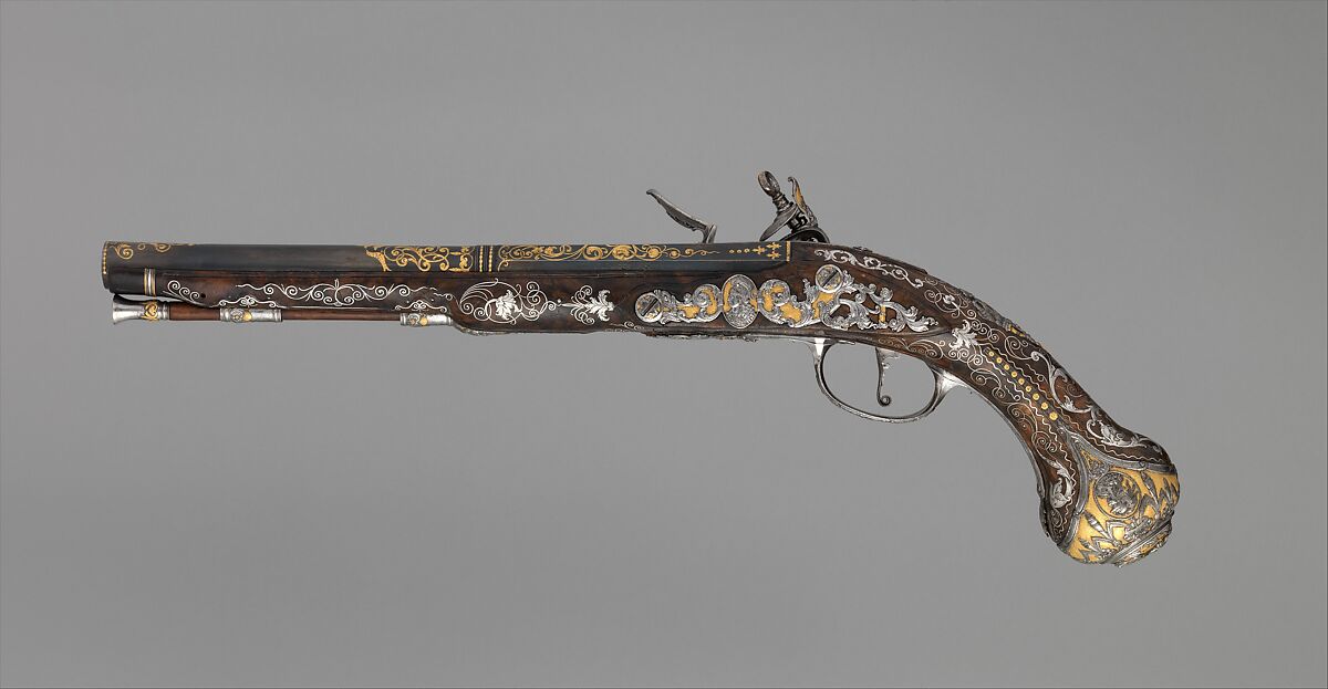 Pair of Flintlock Pistols Made for Ferdinand IV, King of Naples and Sicily (1751–1825), Royal Arms Manufactory at Torre Annunziata (Italian, Naples, established 1757), Steel, gold, wood (walnut), silver, Italo-Spanish, Naples