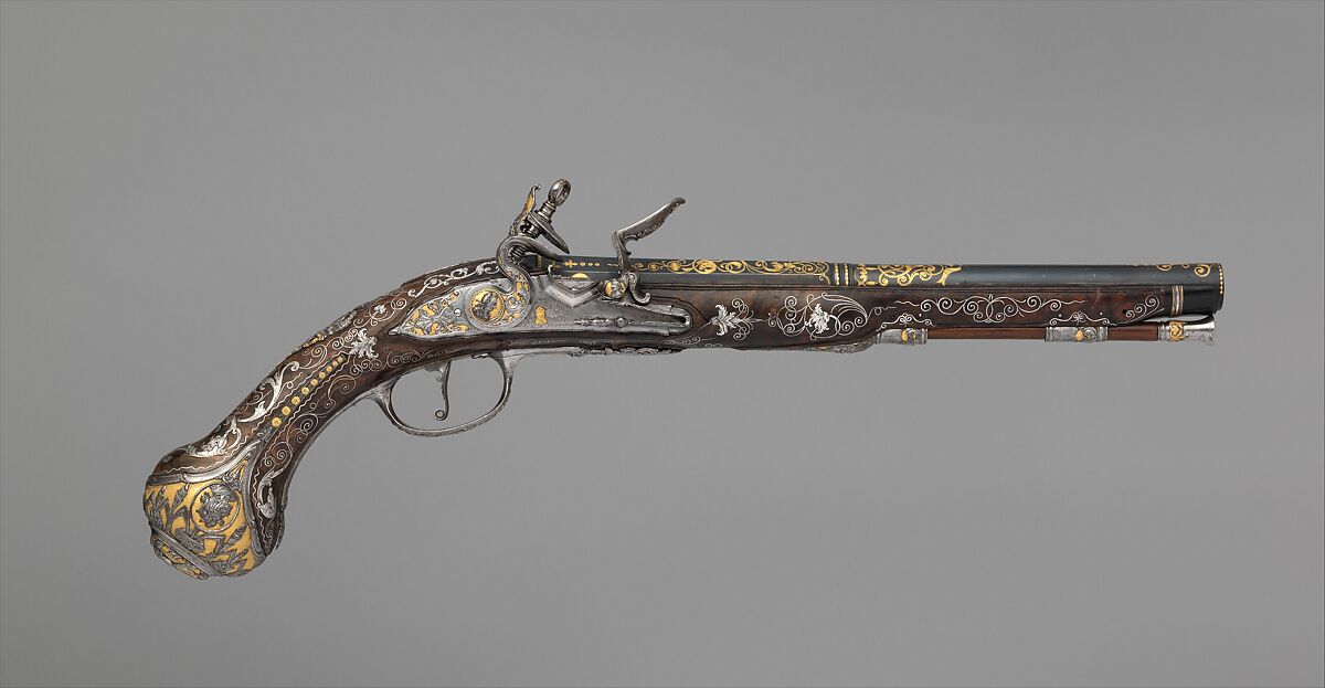 Pair of Flintlock Pistols Made for Ferdinand IV, King of Naples and Sicily (1751–1825), Royal Arms Manufactory at Torre Annunziata (Italian, Naples, established 1757), Steel, gold, wood (walnut), silver, Italo-Spanish, Naples