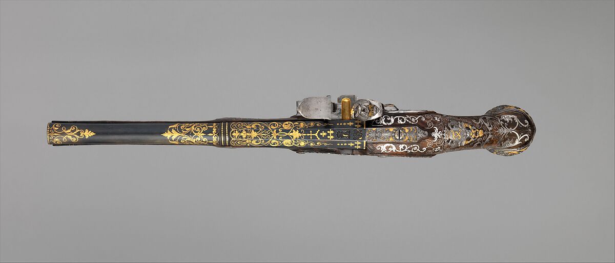 Pair of Flintlock Pistols Made for Ferdinand IV, King of Naples and Sicily (1751–1825), Royal Arms Manufactory at Torre Annunziata (Italian, Naples, established 1757), Steel, gold, wood (walnut), silver, Italo-Spanish, Naples