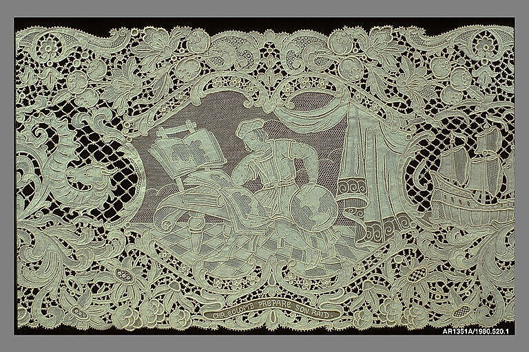 Runner (from a set of table linens), Linen, needle lace, Belgian