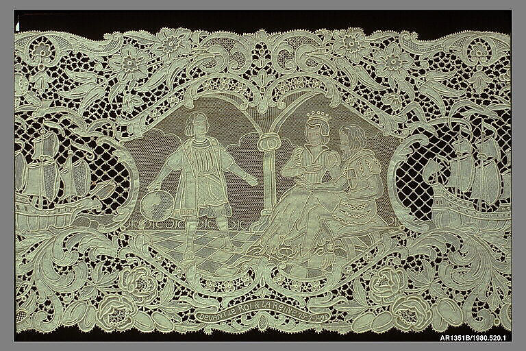 Runner (from a set of table linens), Linen, needle lace, Belgian