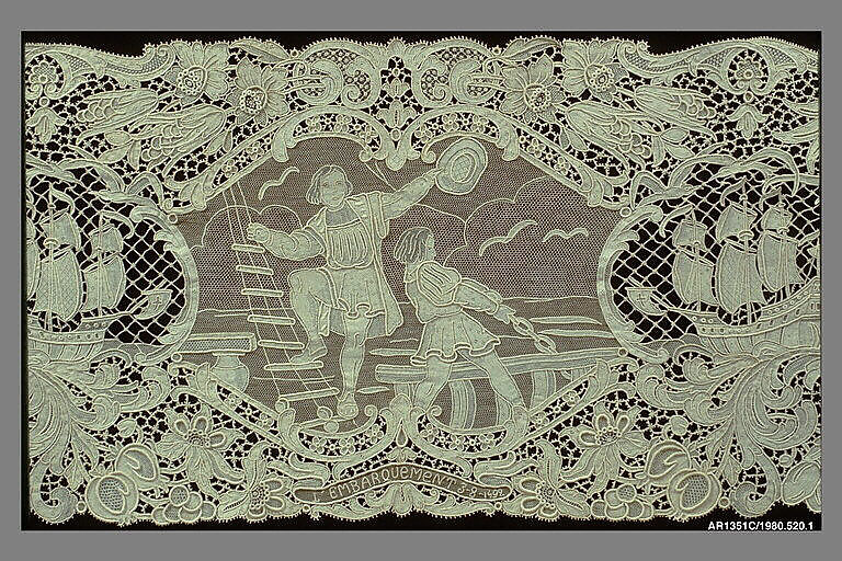 Runner (from a set of table linens), Linen, needle lace, Belgian