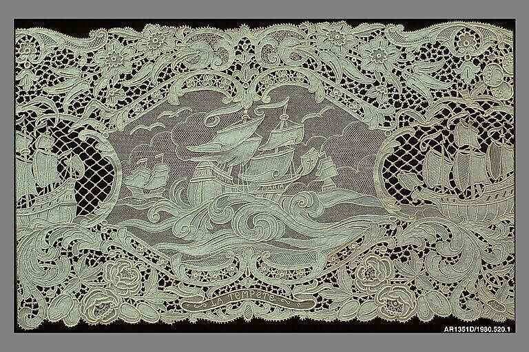 Runner (from a set of table linens), Linen, needle lace, Belgian 