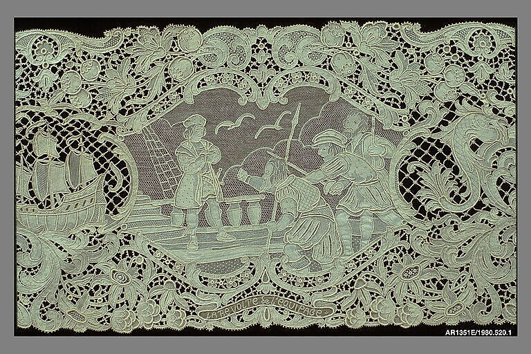 Runner (from a set of table linens), Linen, needle lace, Belgian