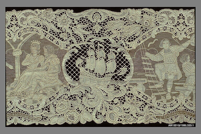 Runner (from a set of table linens), Linen, needle lace, Belgian