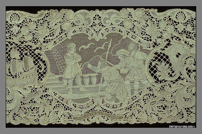 Runner (from a set of table linens), Linen, needle lace, Belgian