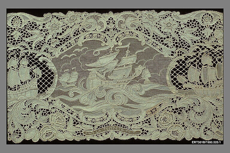 Runner (from a set of table linens), Linen, needle lace, Belgian