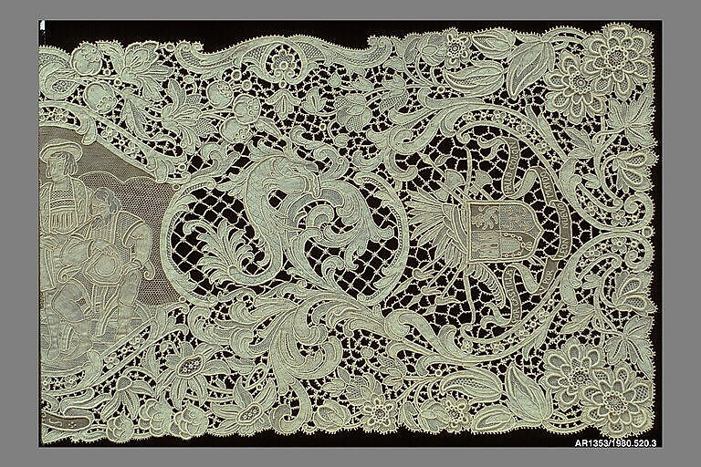 Runner (from a set of table linens), Linen, needle lace, Belgian