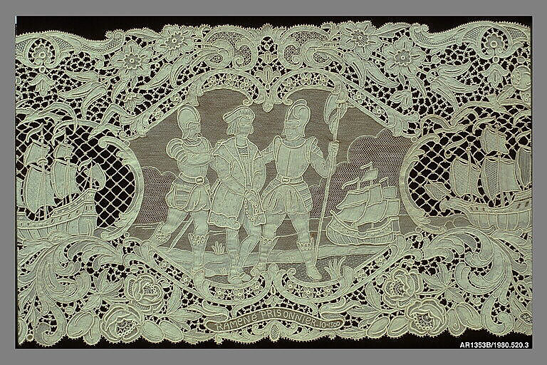 Runner (from a set of table linens), Linen, needle lace, Belgian