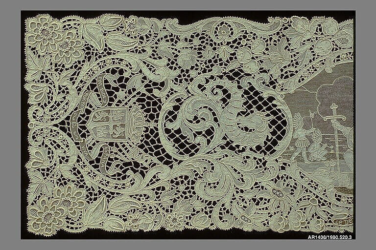 Runner (from a set of table linens), Linen, needle lace, Belgian