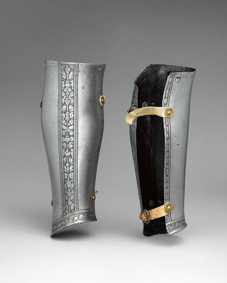 Pair of Greaves (Lower Leg Defenses), Steel, Italian