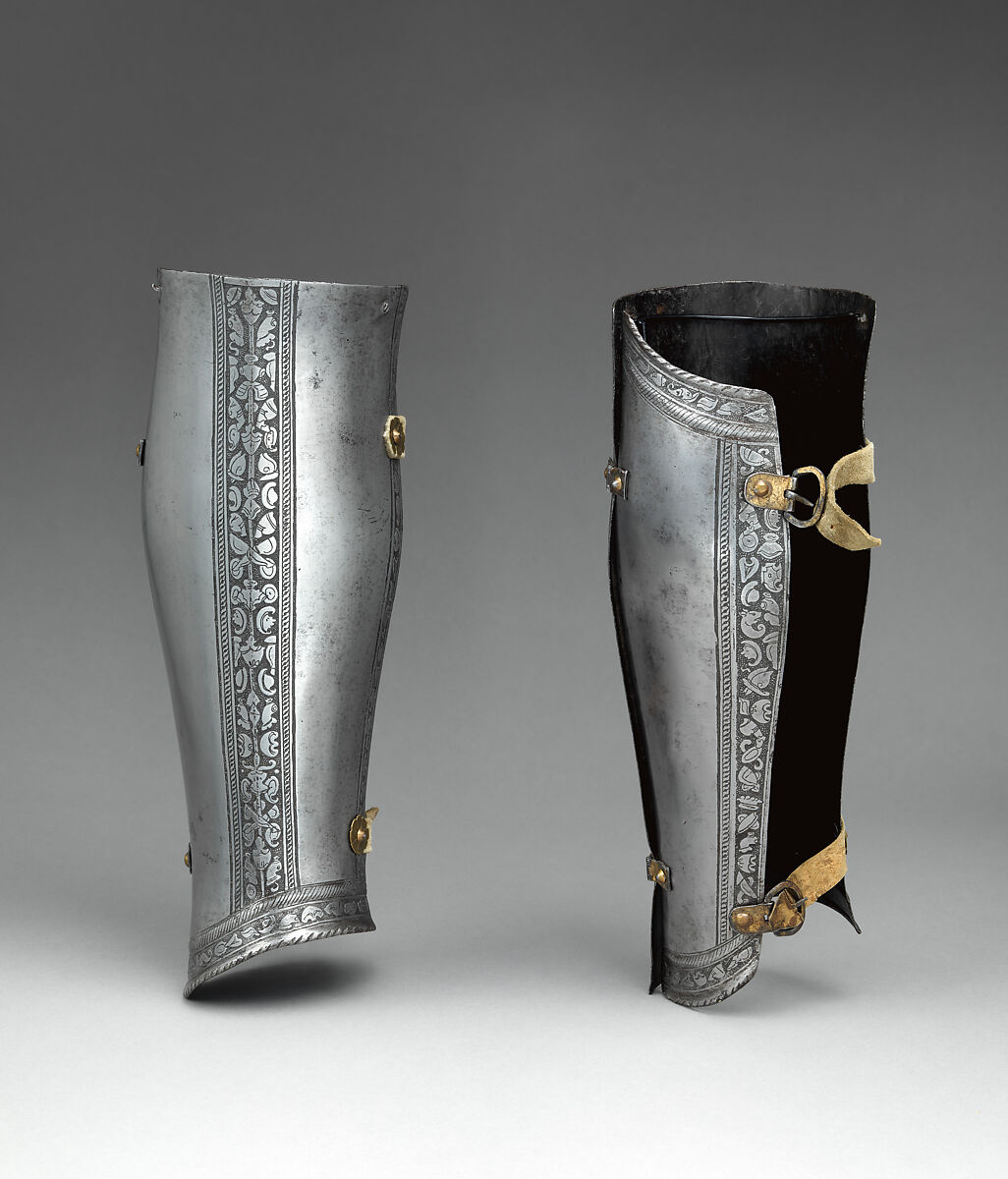 Pair of Greaves (Lower Leg Defenses), Steel, Italian 